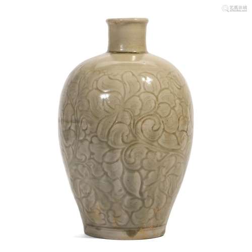 A LONGQUAN CELADON CARVED FLORAL VASE