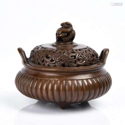 Copper Censer with Double Ears and Melon-ridged