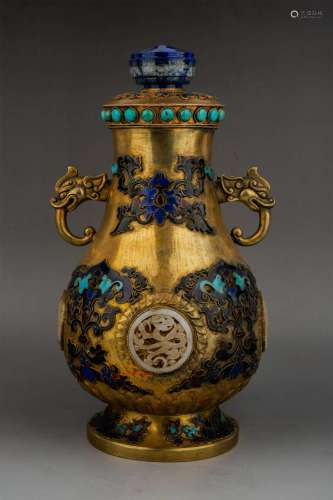 Gilded Copper Blueing Double-ears Vase inlaid White