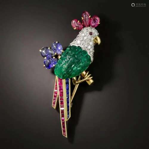 18K YELLOW GOLD VINTAGE CARVED EMERALD DIAMOND RUBY