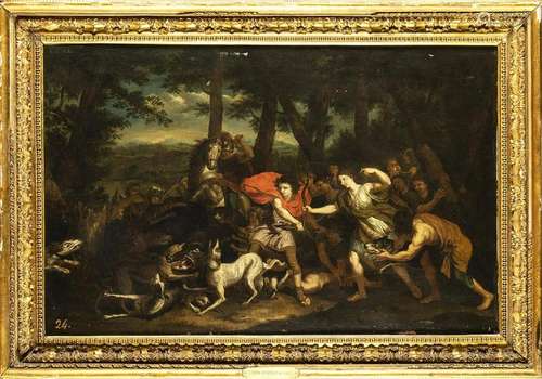 FLEMISH PAINTER, LATE 17th CENTURY: Wild boar hunting