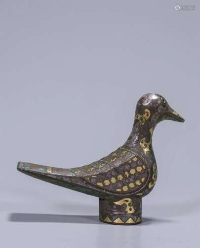 Copper inlaid Gold and Silver Bird-shaped Stick Top