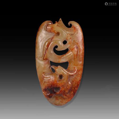 A CHINESE CARVED JADE PENDANT WITH DRAGON AND BIRD.