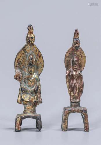 Pair Gilded Copper Buddha on Footstool