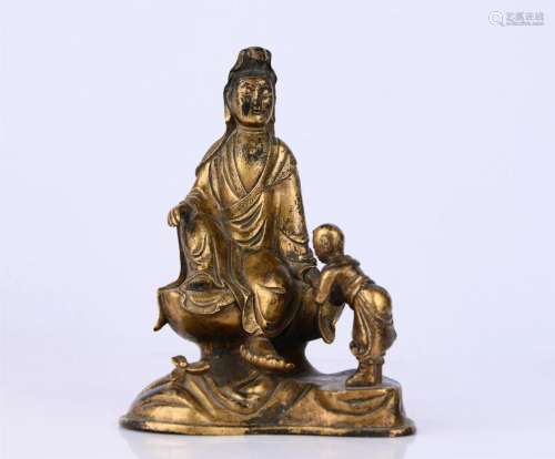 Gilded Copper Statue of Boy worshiping Guanyin