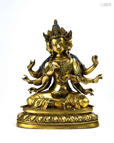 Gilded Copper Statue of Mother Buddha with Four Faces