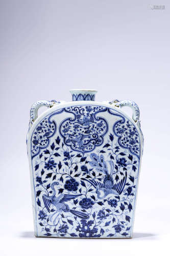 Blue and white phoenix lines four ears square flat bottle