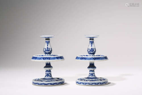 A pair of blue and white lotus Candlesticks
