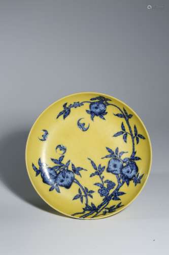 Yellow bottom blue and white flower peach longevity bowl