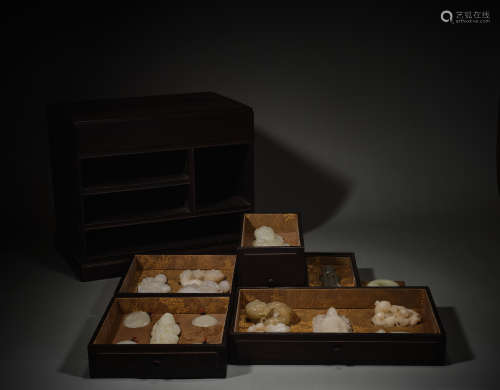 A set of Hotan jade ornaments and wooden boxes
