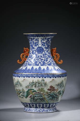 Blue and white landscape red dragon ear appreciation bottle