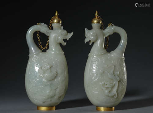 A pair of Hetian jade wrapped gold wine pot