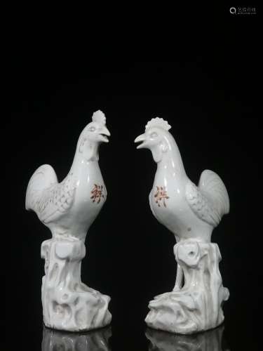 A Pair of  Dehua White Porcelain Rooster Ornaments