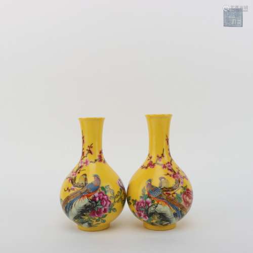 A Pair of Enamel Vases on Yellow Ground