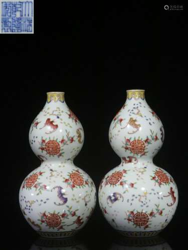 A Pair of Exquisite Famille Rose Gourd-shaped Vases