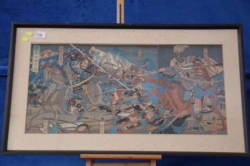 LARGE FRAMED JAPANESE WOOD BLOCK PRINT, DEPICTING BATTLE SCE...