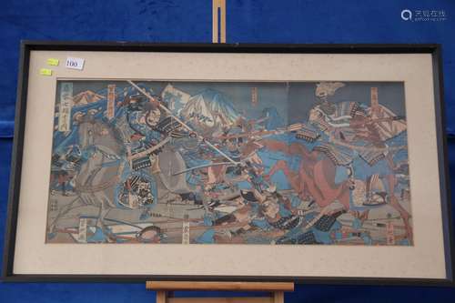 LARGE FRAMED JAPANESE WOOD BLOCK PRINT, DEPICTING BATTLE SCE...