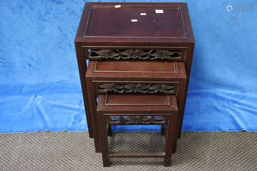 SET OF 3 CHINESE ROSEWOOD NESTING TABLES WITH CARVED GRAPES