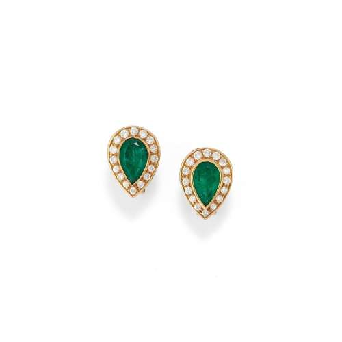 A 18K yellow gold, emerald and diamond earrings