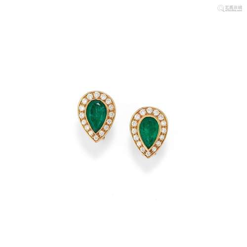 A 18K yellow gold, emerald and diamond earrings