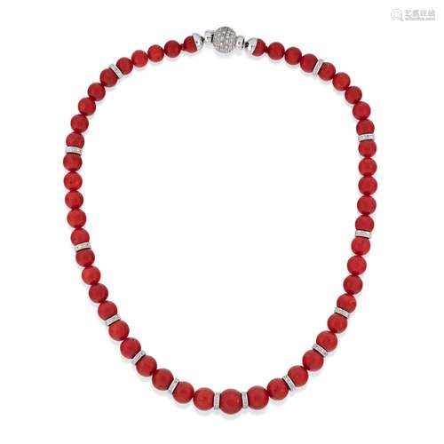 A 18K white gold, coral and diamond necklace