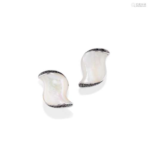 A 18K white gold with mother-of-pearl and diamond earrings