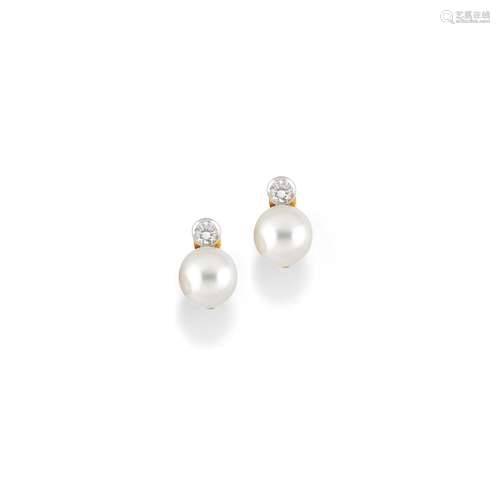 A 18K two-color gold, cultured pearl and diamond earrings