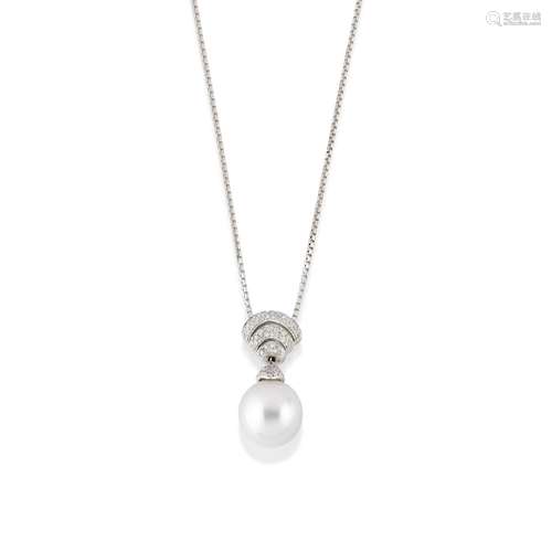 A 18K white gold, cultured pearl and diamond necklace