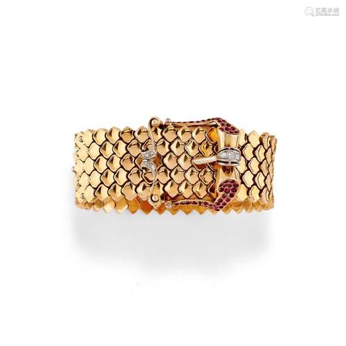 Rolex - A 18K yellow gold, diamond and ruby bracelet-watch, ...