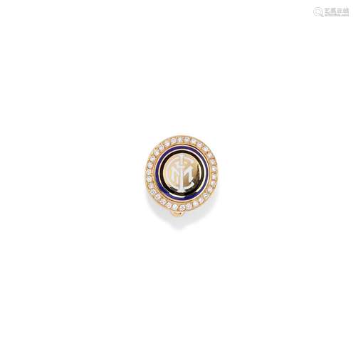 A 18K yellow gold, diamond and enamels "Inter" pin