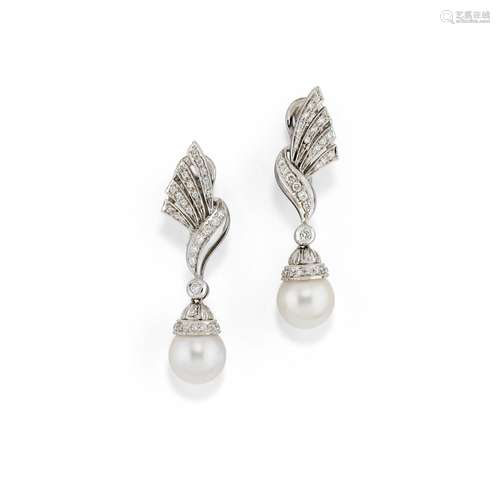 A 18K white gold, cultured pearl and diamond earrings