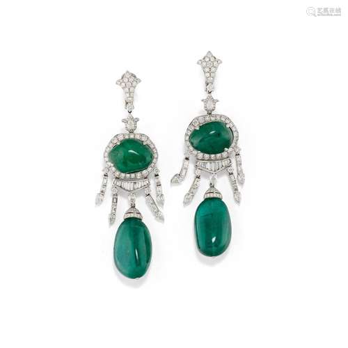 A 18K white gold, diamond and emerald earrings, with certifi...