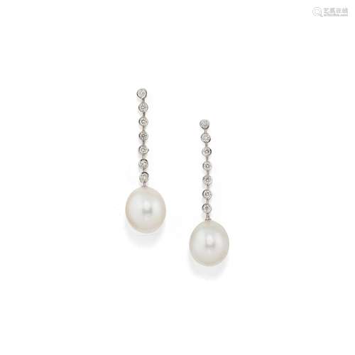 A 18k white gold, cultured pearl and diamond earrings