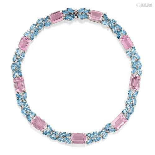 A 18K white gold, aquamarine, kunzite and diamond necklace