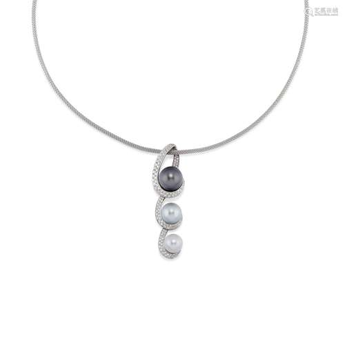 A 18K white gold, cultured pearl and diamond necklace