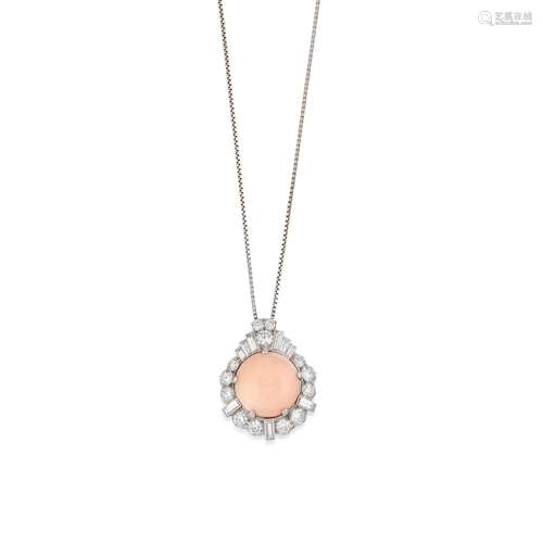 A 18K white gold, coral and diamond pendant