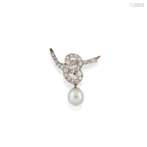 A 18K white gold, cultured pearl and diamond brooch