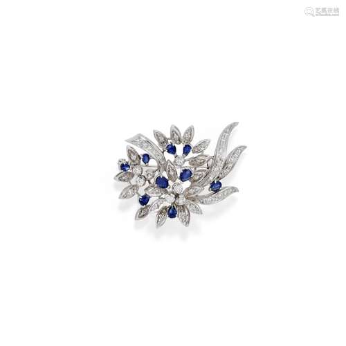 A 18K white gold, diamond and sapphire brooch, circa 1970