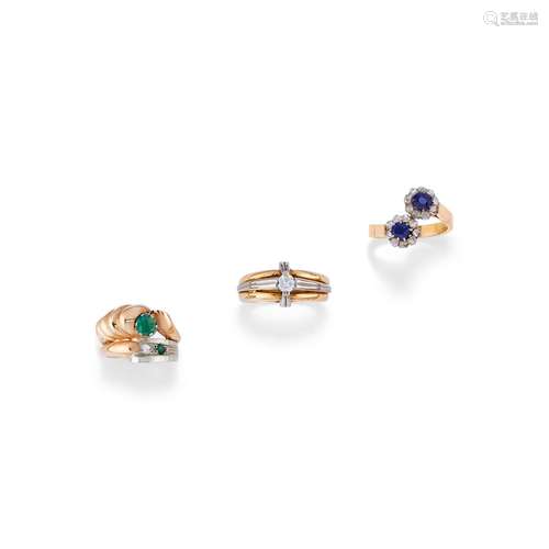 Three 18K red and white gold, diamond, sapphire and emerald ...