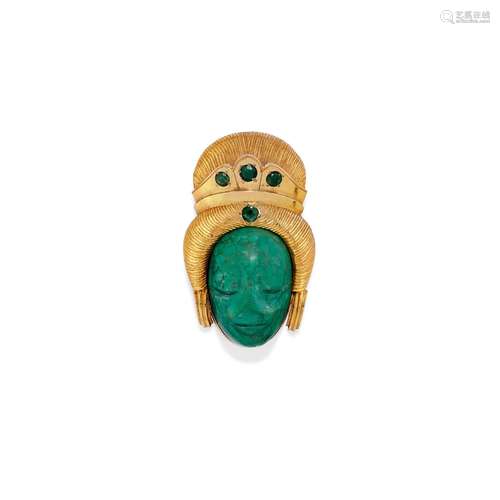 A 18K yellow gold, turquoise and green gemstones brooch