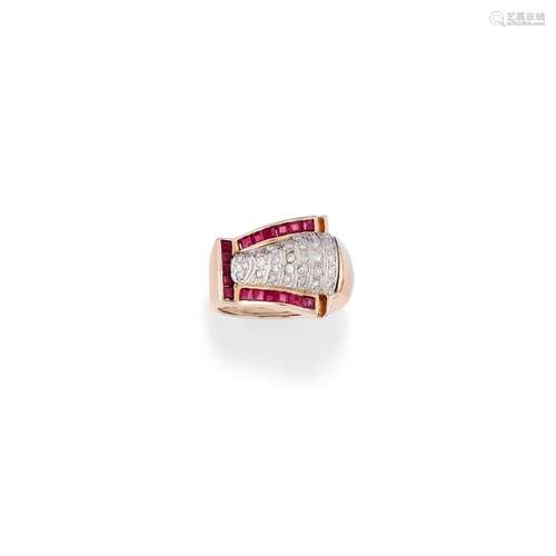 A 18K two-color gold, ruby and diamond ring