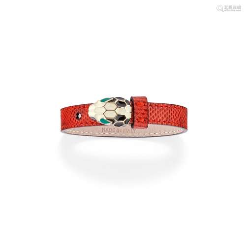 Bulgari - A steel, leather and enamel bracelet, Bulgari