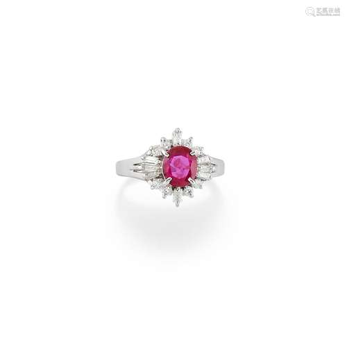 A platinum, ruby and diamond ring