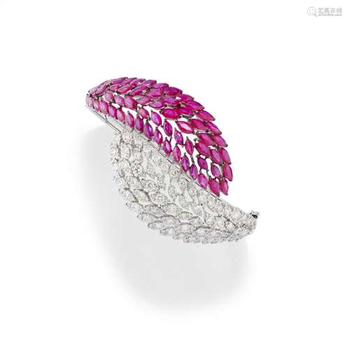 A 18K white gold, ruby and diamond bangle