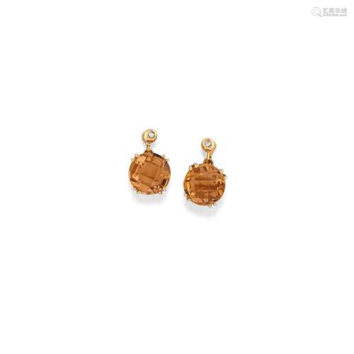 A 18K yellow gold, citrine quartz and diamond earrings