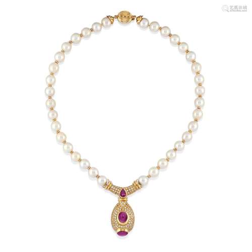 A 18K yellow gold, cultured pearl, rubies and diamond neckla...