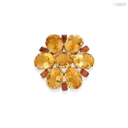 A 18K yellow gold, yellow and orange quartz brooch