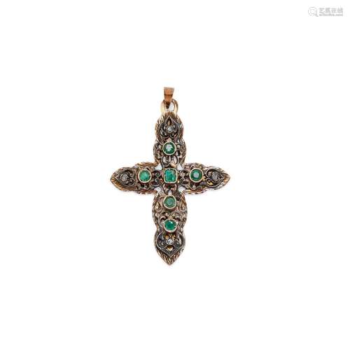 A 18k yellow gold, silver, emerald and diamond pendant