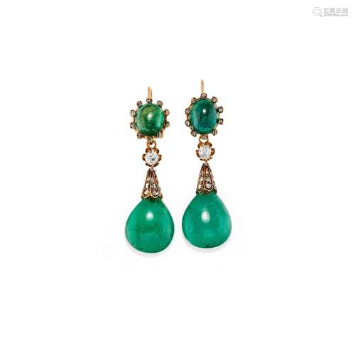 A 18K yellow gold, emerald and diamond pendant earrings, wit...