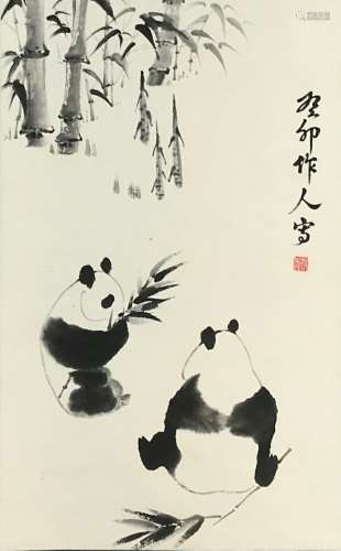 近代 吳作人 熊猫 水墨纸夲 立軸